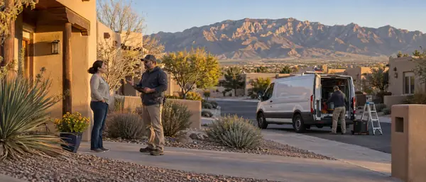 Illustration of a service crew outside a stucco home with their van and mountains behind them.